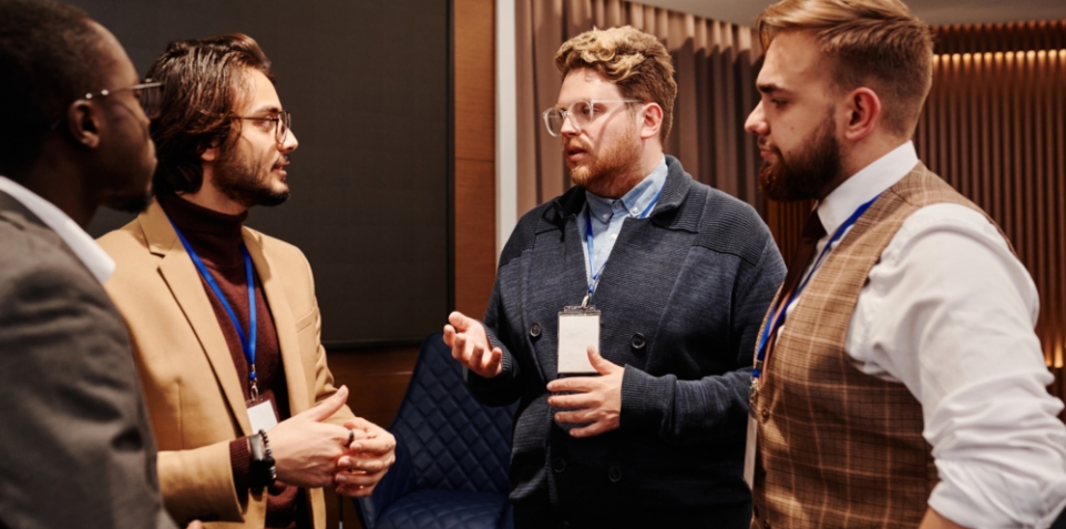 Professional networking at an event.